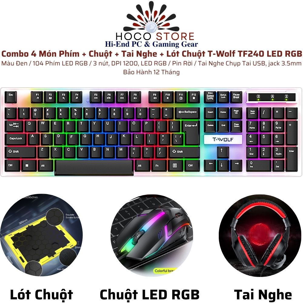 Bộ 4 Món Phím Chuột Tai Nghe Lót Chuột T-WOLF TF240 RGB