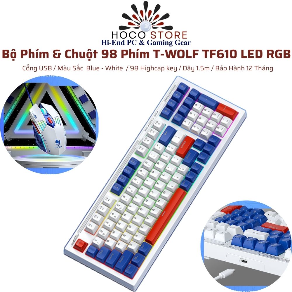 Bộ Phím Chuột LED RGB T-WOLF TF610 Trắng Xanh