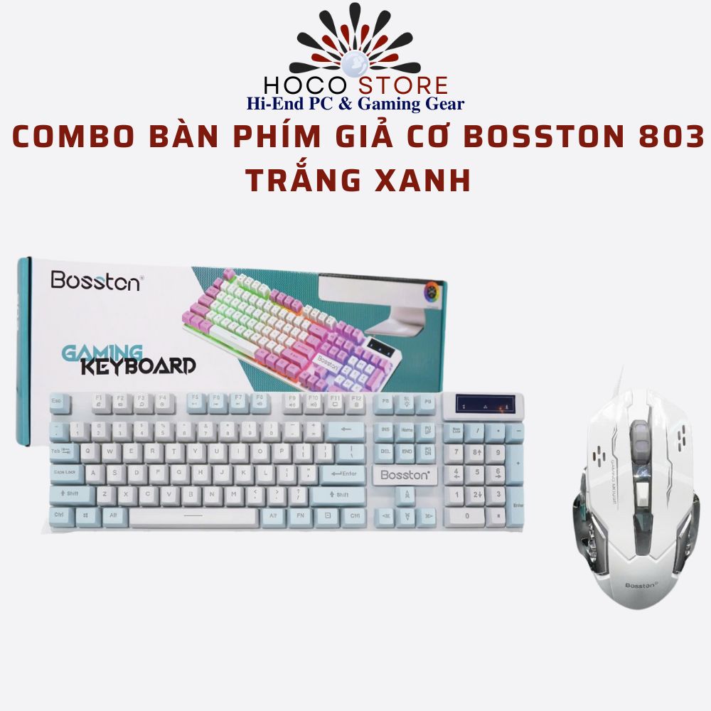 Combo bàn Phím Giả Cơ và Chuột Bosston 803 Trắng Xanh