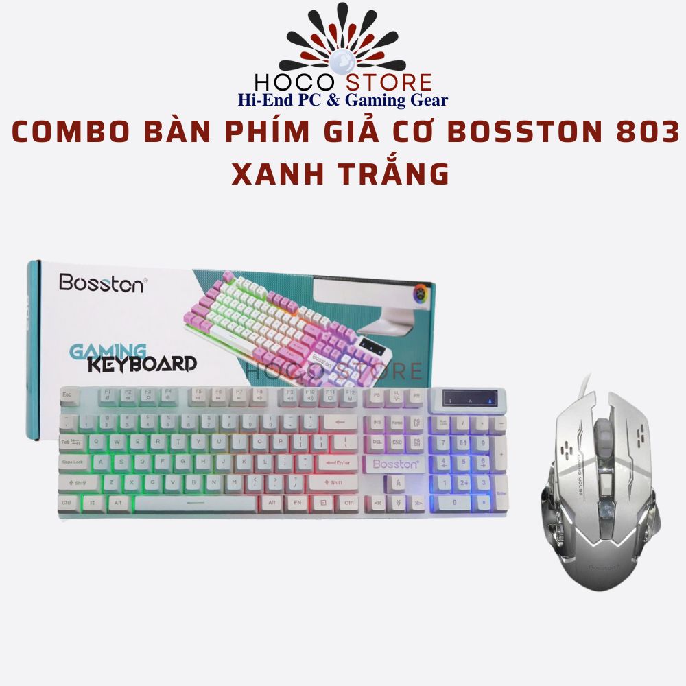 Combo bàn Phím Giả Cơ và Chuột Bosston 803 Xanh Trắng