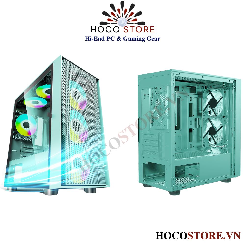 VỎ CASE GAMING VSP KA30 XANH MẶT KÍNH HÔNG l Hoco Store PC